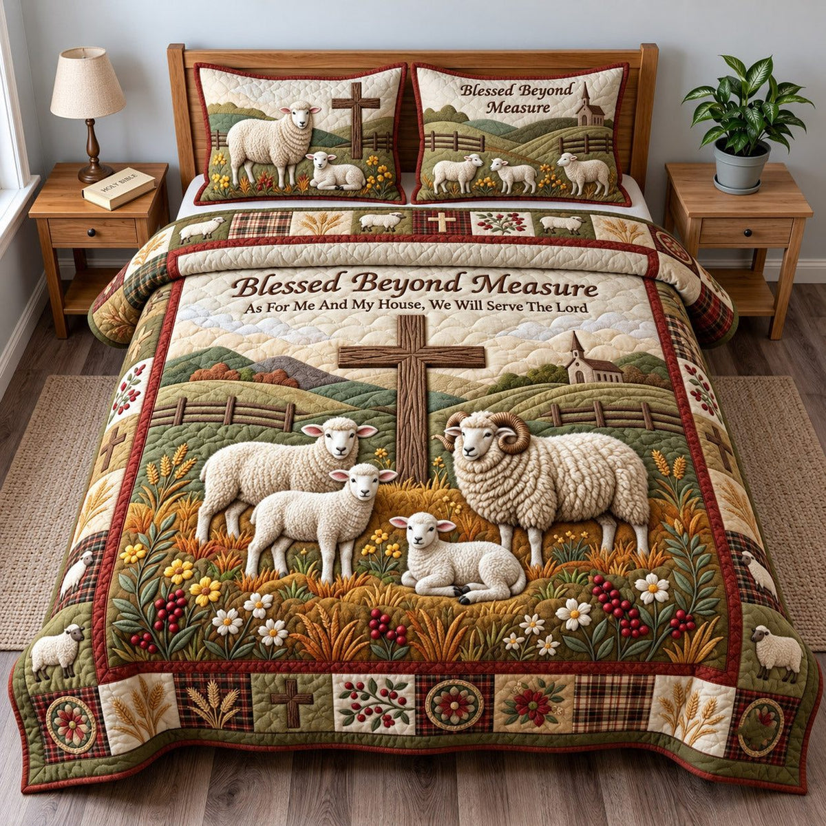 Blessed Lamb quilted 3-piece bedding set on a made bed in a softly lit bedroom
