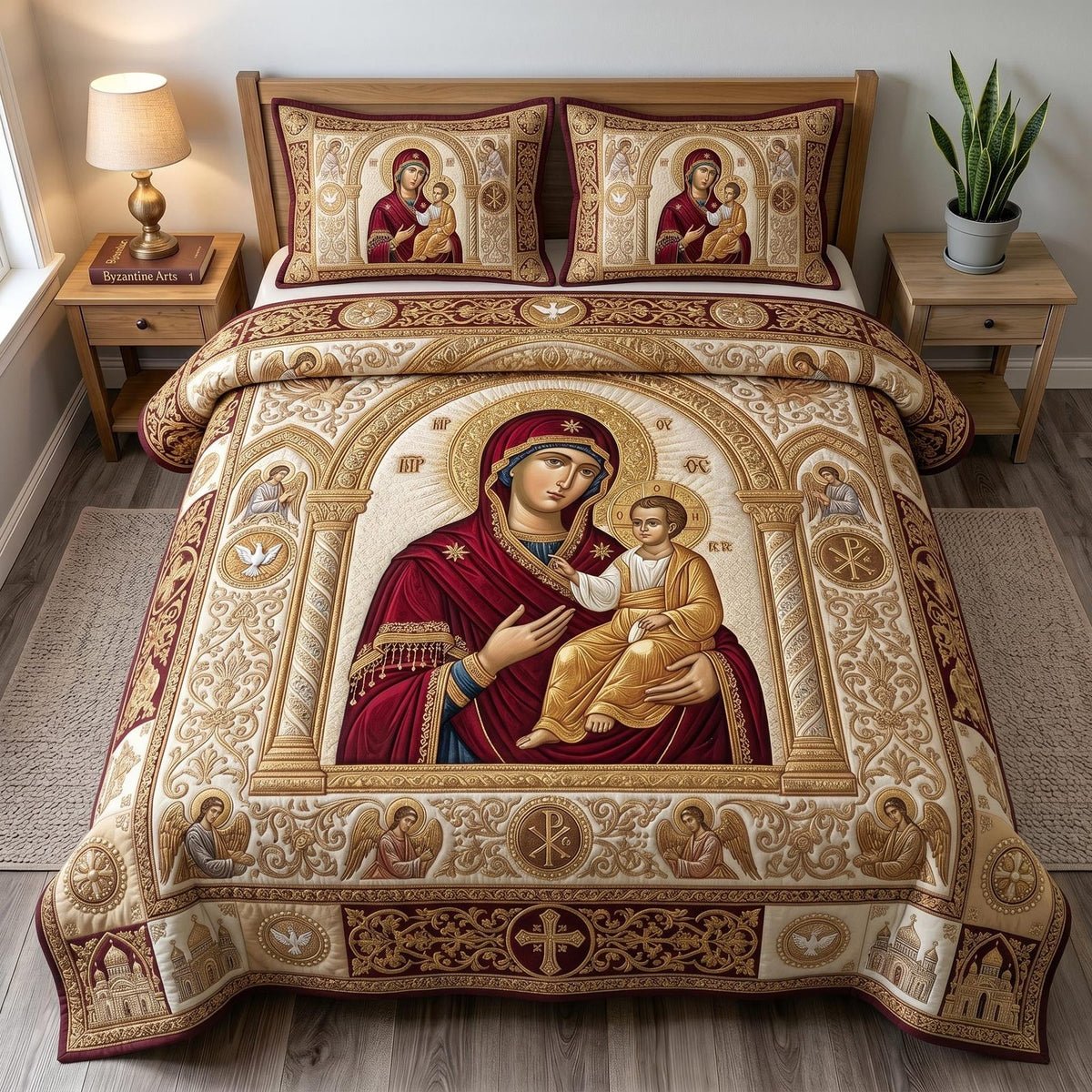 Blessed Mother 3-Piece Quilted Bedding Set GFTOMA12514 quilted 3-piece bedding set on a made bed in a softly lit bedroom