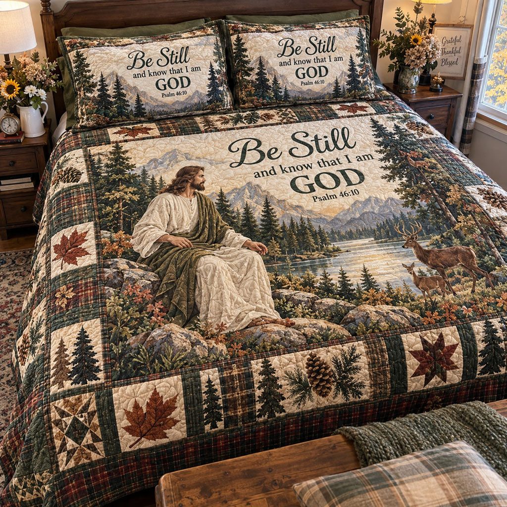 Blessed Seasons quilted 3-piece bedding set on a made bed in a softly lit bedroom