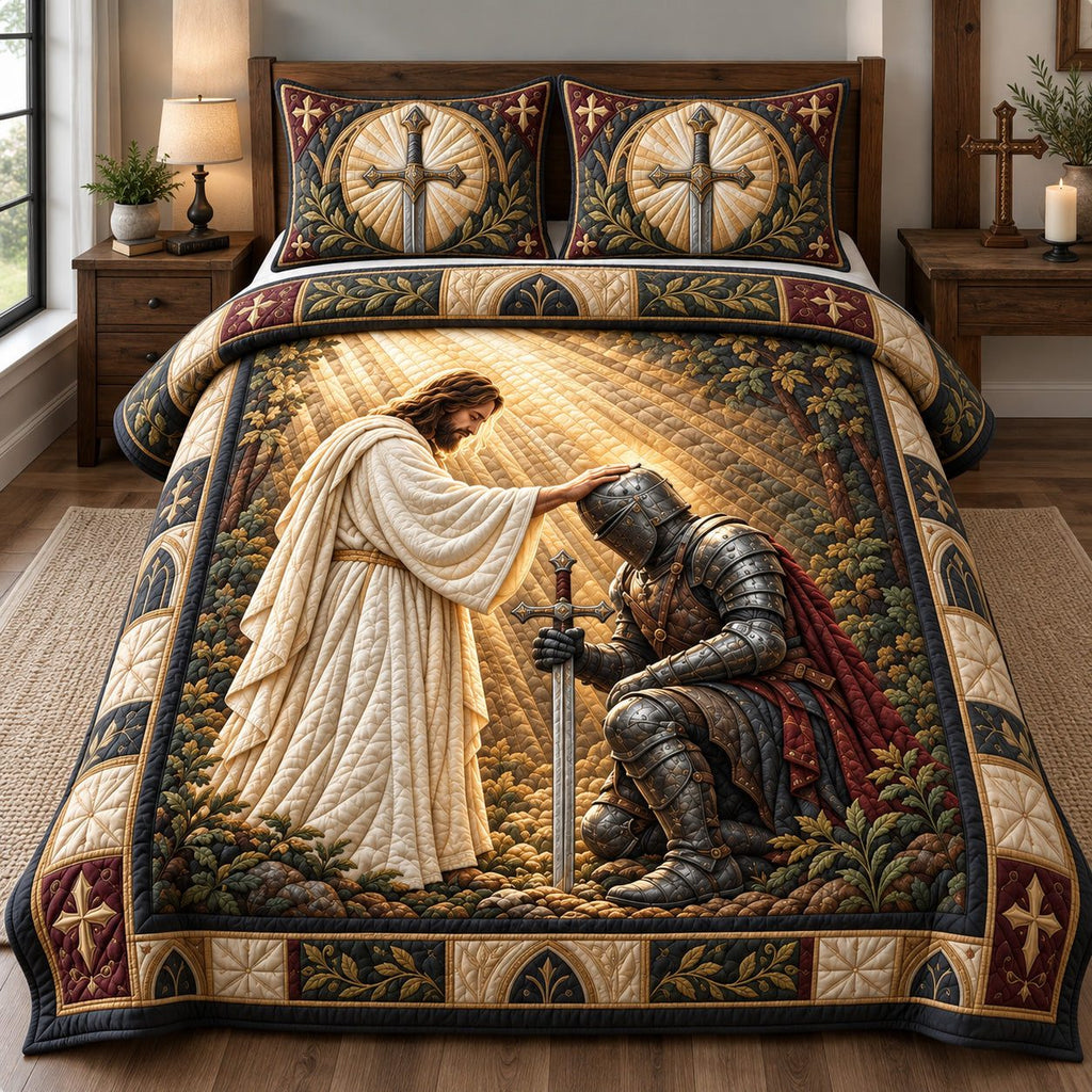 Blessed Warrior quilted 3-piece bedding set on a made bed in a softly lit bedroom