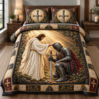 Blessed Warrior quilted 3-piece bedding set on a made bed in a softly lit bedroom