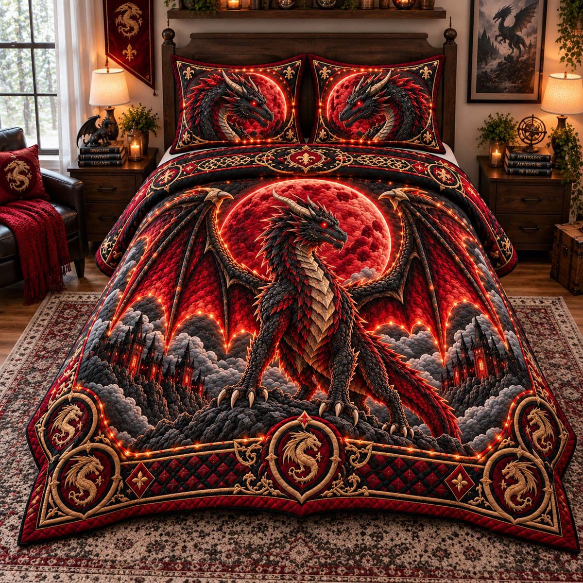 Blood Moon Dragon quilted 3-piece bedding set on a made bed with two matching pillow shams