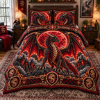 Blood Moon Dragon quilted 3-piece bedding set on a made bed with two matching pillow shams