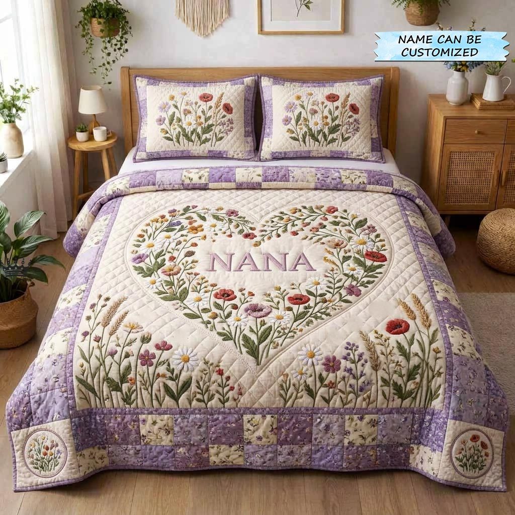 Bloom for Mom 3-Piece Quilted Bedding Set QTCUZ GFTOMA10326 quilted 3-piece bedding set on a made bed with two matching pillow shams