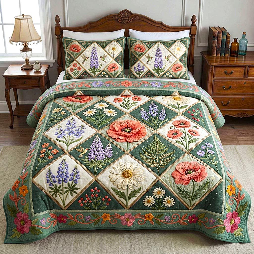 Bloom Patchwork 3-Piece Quilted Bedding Set GFTOMA10564 quilted 3-piece bedding set on a made bed in a farmhouse bedroom
