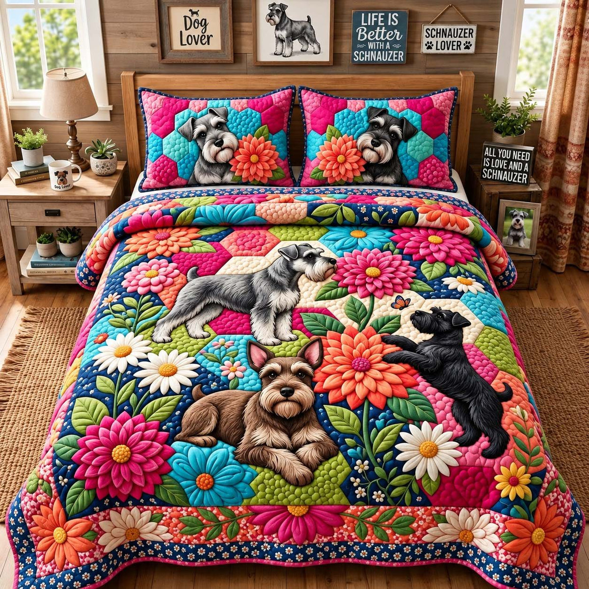 Blooming Schnauzers quilted 3-piece bedding set on a made bed with two matching pillow shams