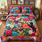 Blooming Schnauzers quilted 3-piece bedding set on a made bed with two matching pillow shams