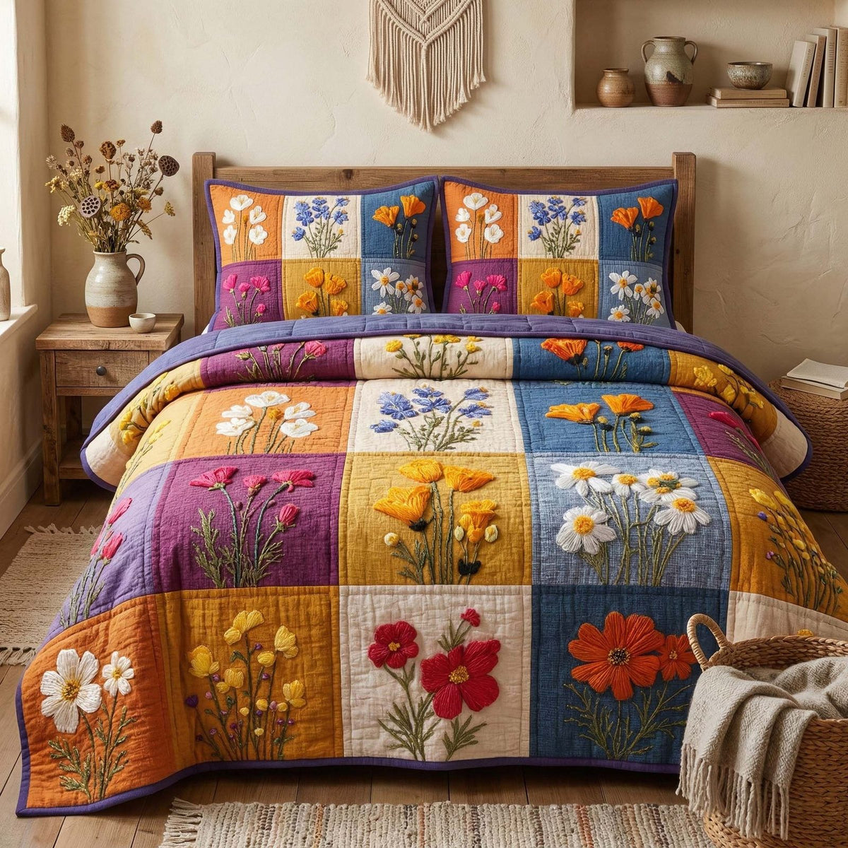 Blossom Grace 3-Piece Quilted Bedding Set GFTOQM3501 quilted 3-piece bedding set on a made bed with two matching pillow shams