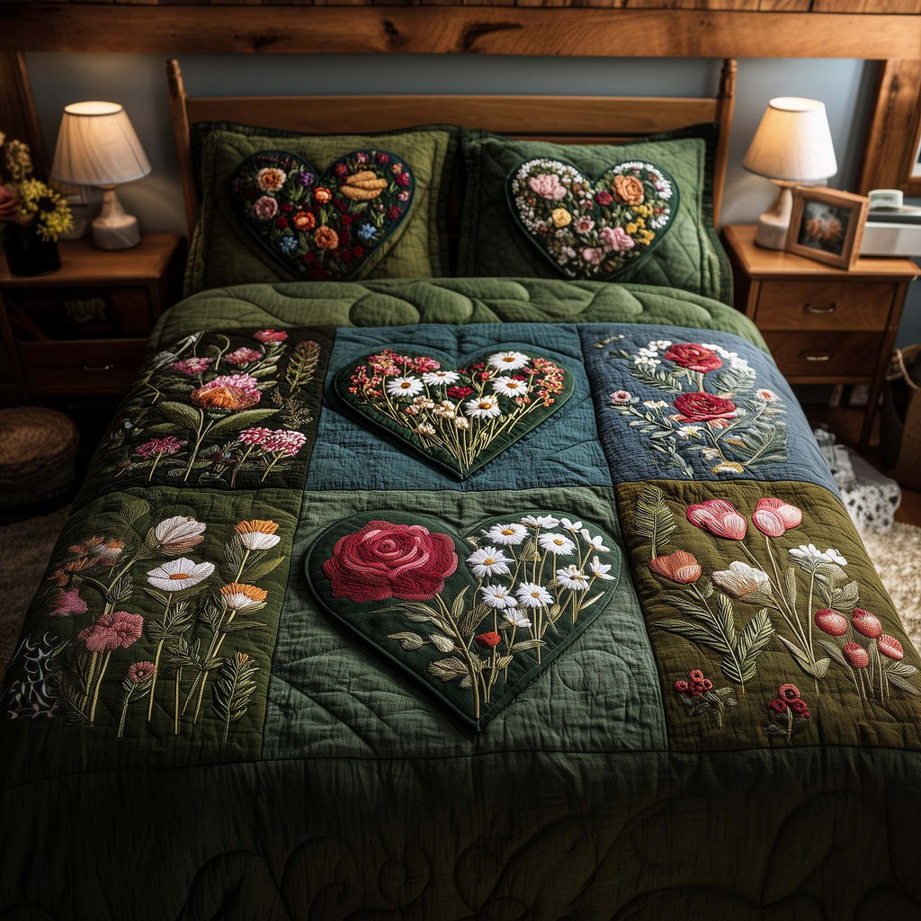 Blossom Heart Patchwork 3-Piece Quilted Bedding Set GFTOYC2705 quilted 3-piece bedding set on a made bed in a farmhouse bedroom