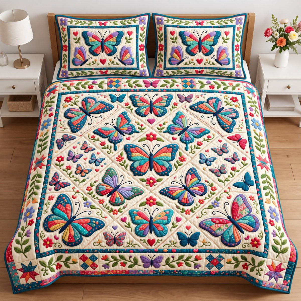 Blue Blossom Patchwork Butterfly quilted 3-piece bedding set on a made bed in a farmhouse bedroom