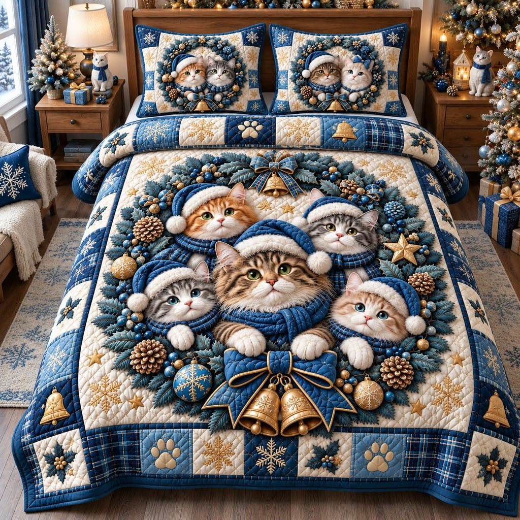 Blue Christmas Cat Wreath quilted 3-piece bedding set on a made bed in a winter-styled bedroom