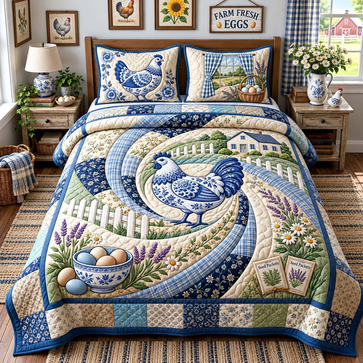 Blue Country Hen quilted 3-piece bedding set on a made bed in a farmhouse bedroom