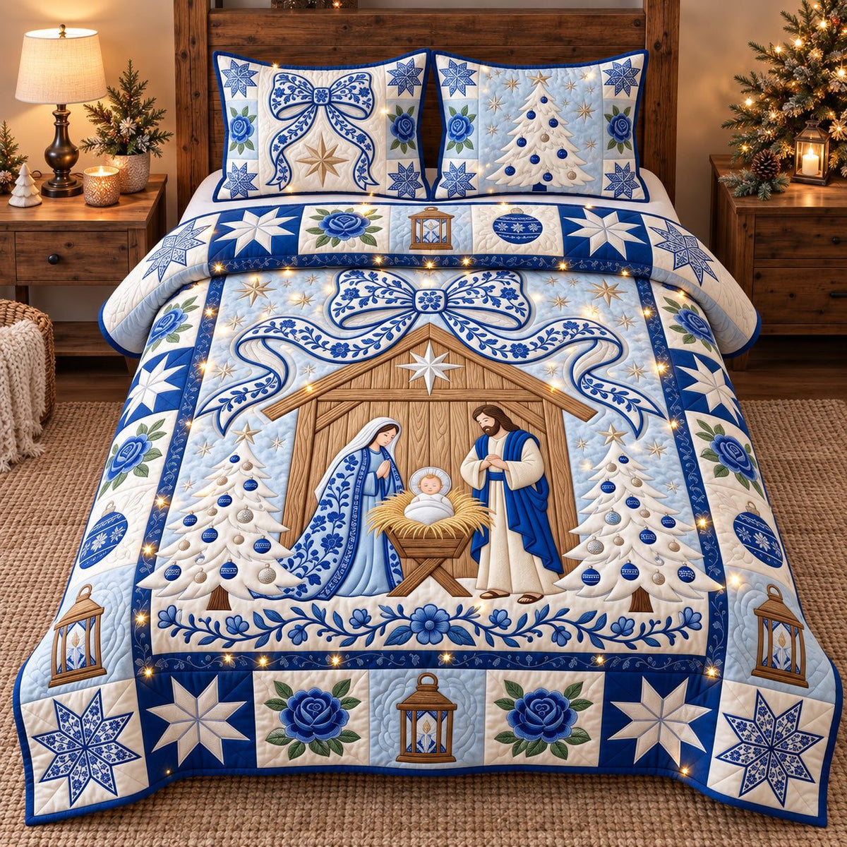 Blue Floral Nativity quilted 3-piece bedding set on a made bed in a winter-styled bedroom
