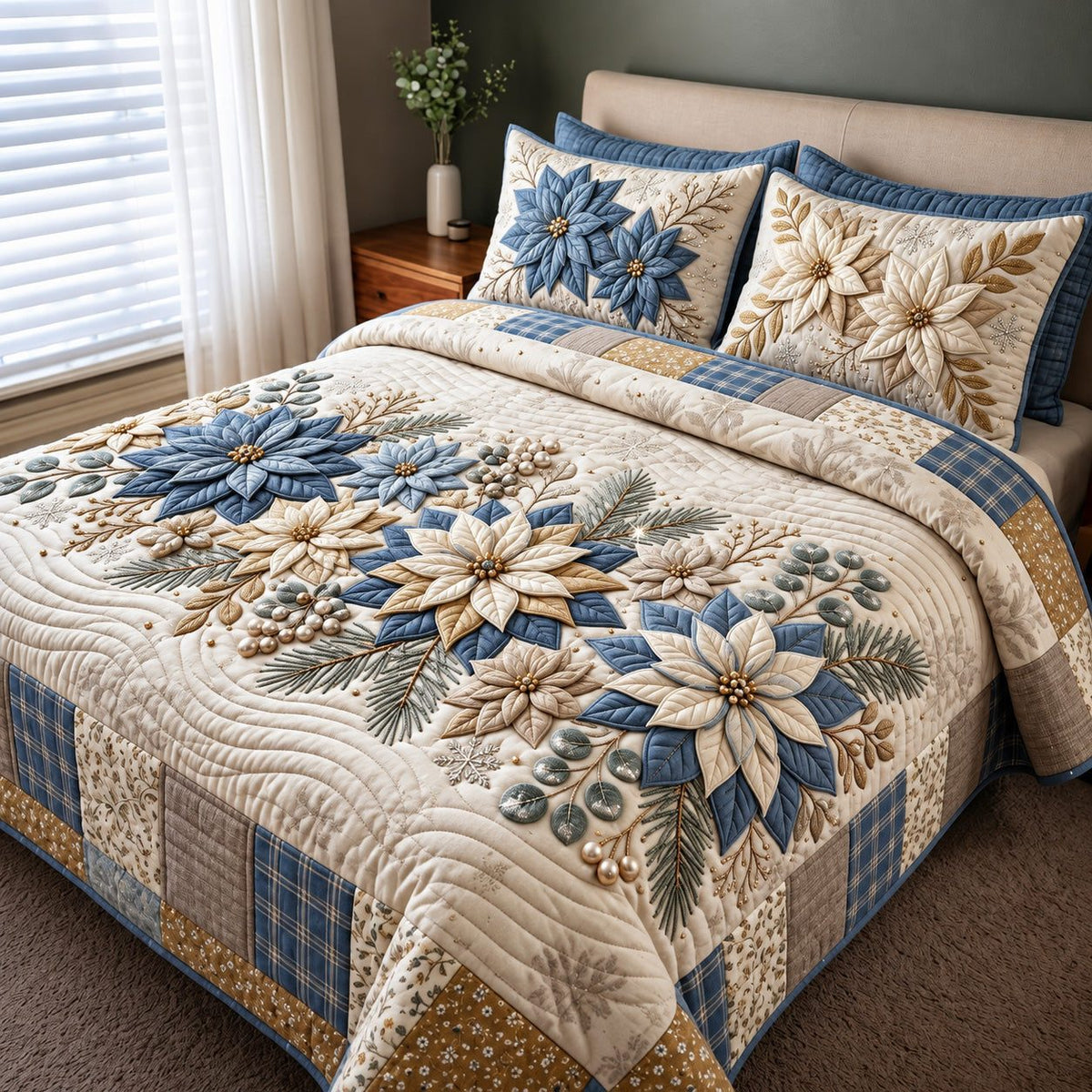 Blue Floral quilted 3-piece bedding set on a made bed with two matching pillow shams