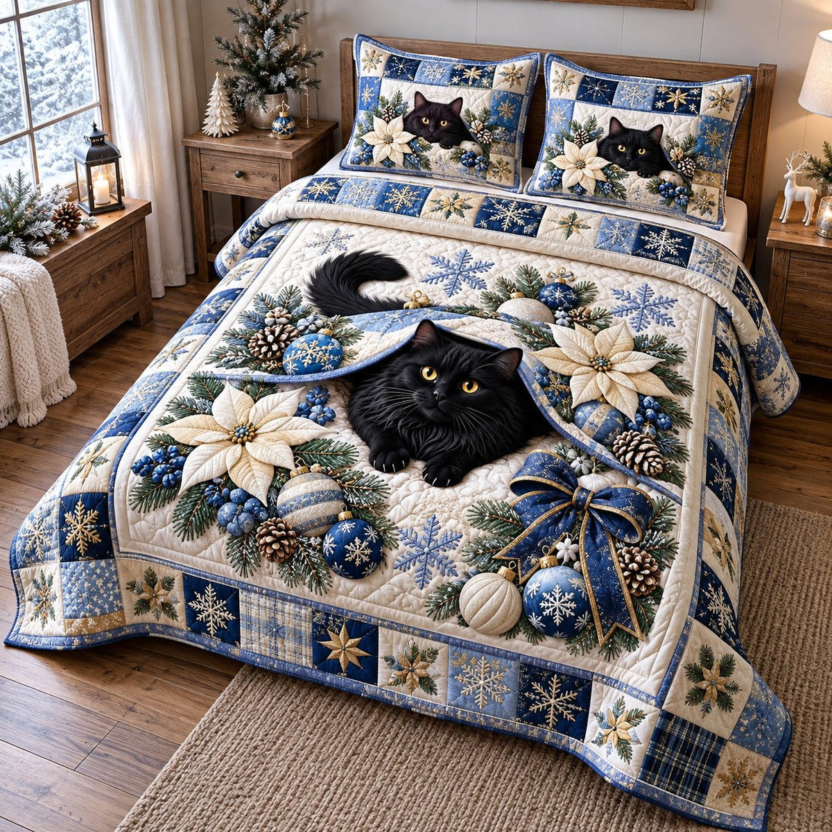 Blue Holiday Cat quilted 3-piece bedding set on a made bed in a winter-styled bedroom