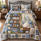 Blue Hydrangea Cats Library quilted 3-piece bedding set on a made bed with two matching pillow shams