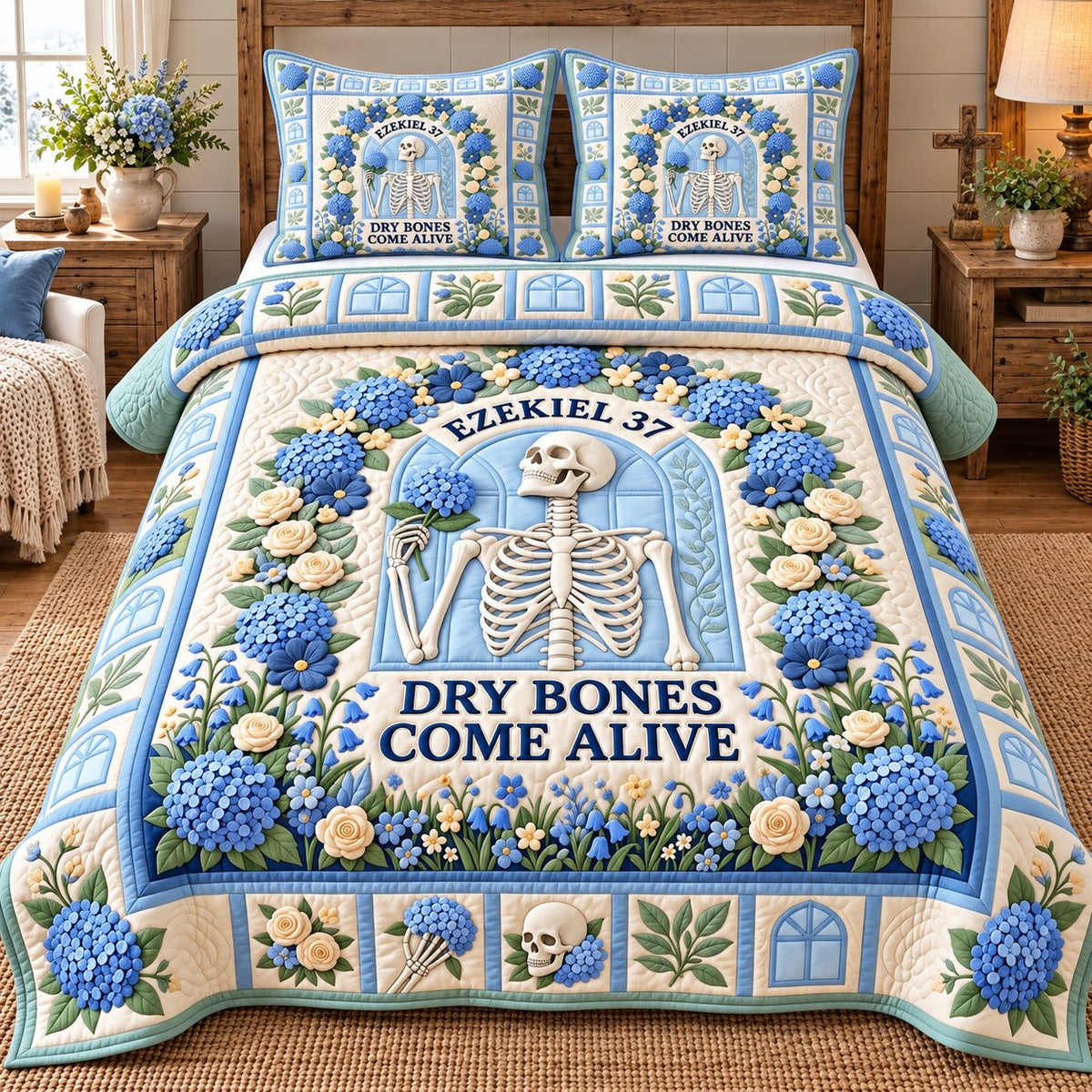 Blue Hydrangea Dry Bones Come Alive quilted 3-piece bedding set on a made bed against a dark styled interior