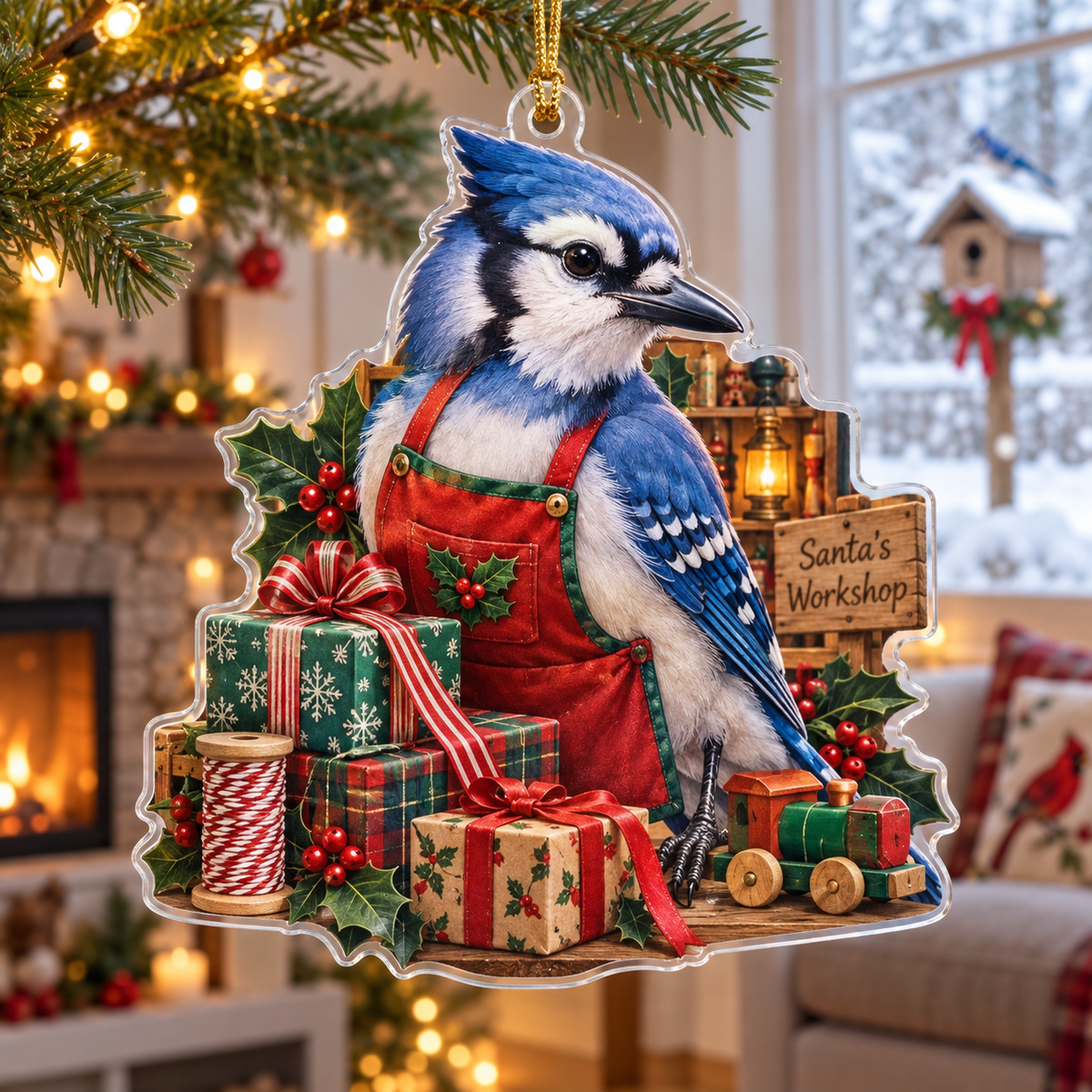 Blue Jay Acrylic Christmas Ornament — digital product visualization