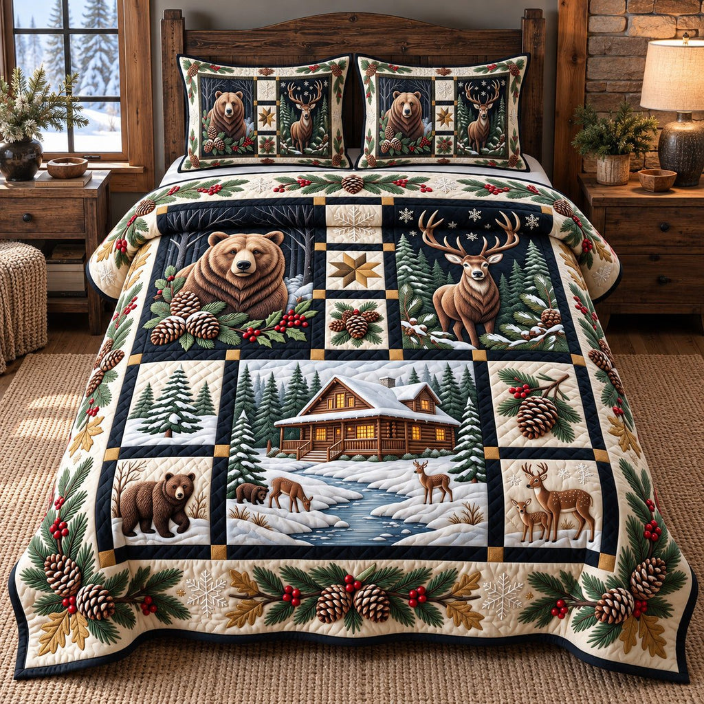 Blue Lake Lodge Winter Patchwork quilted 3-piece bedding set on a made bed in a winter-styled bedroom