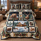 Blue Lake Lodge Winter Patchwork quilted 3-piece bedding set on a made bed in a winter-styled bedroom
