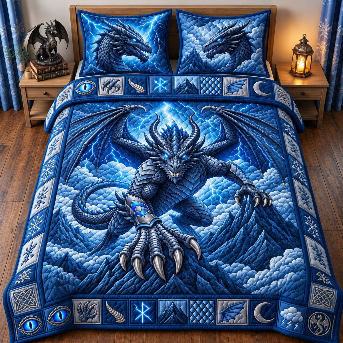 Blue Lightning Thunder King Dragon quilted 3-piece bedding set on a made bed with two matching pillow shams