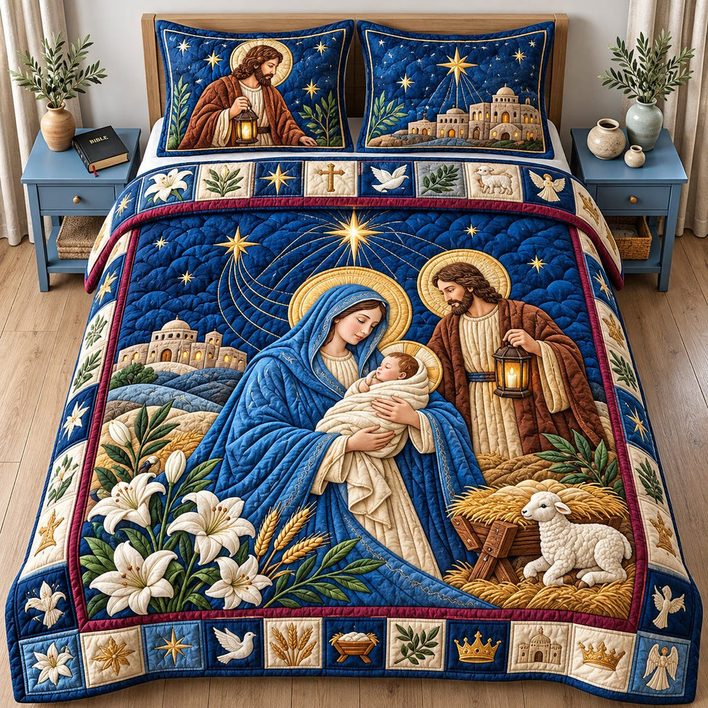 Blue Mantle Holy Night quilted 3-piece bedding set on a made bed in a softly lit bedroom