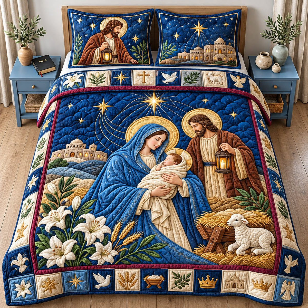 Blue Mantle Holy Night quilted 3-piece bedding set on a made bed in a softly lit bedroom