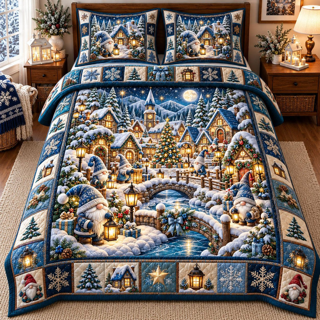 Blue Night Bridge Gnome Village quilted 3-piece bedding set on a made bed with two matching pillow shams