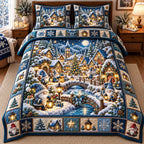 Blue Night Bridge Gnome Village quilted 3-piece bedding set on a made bed with two matching pillow shams
