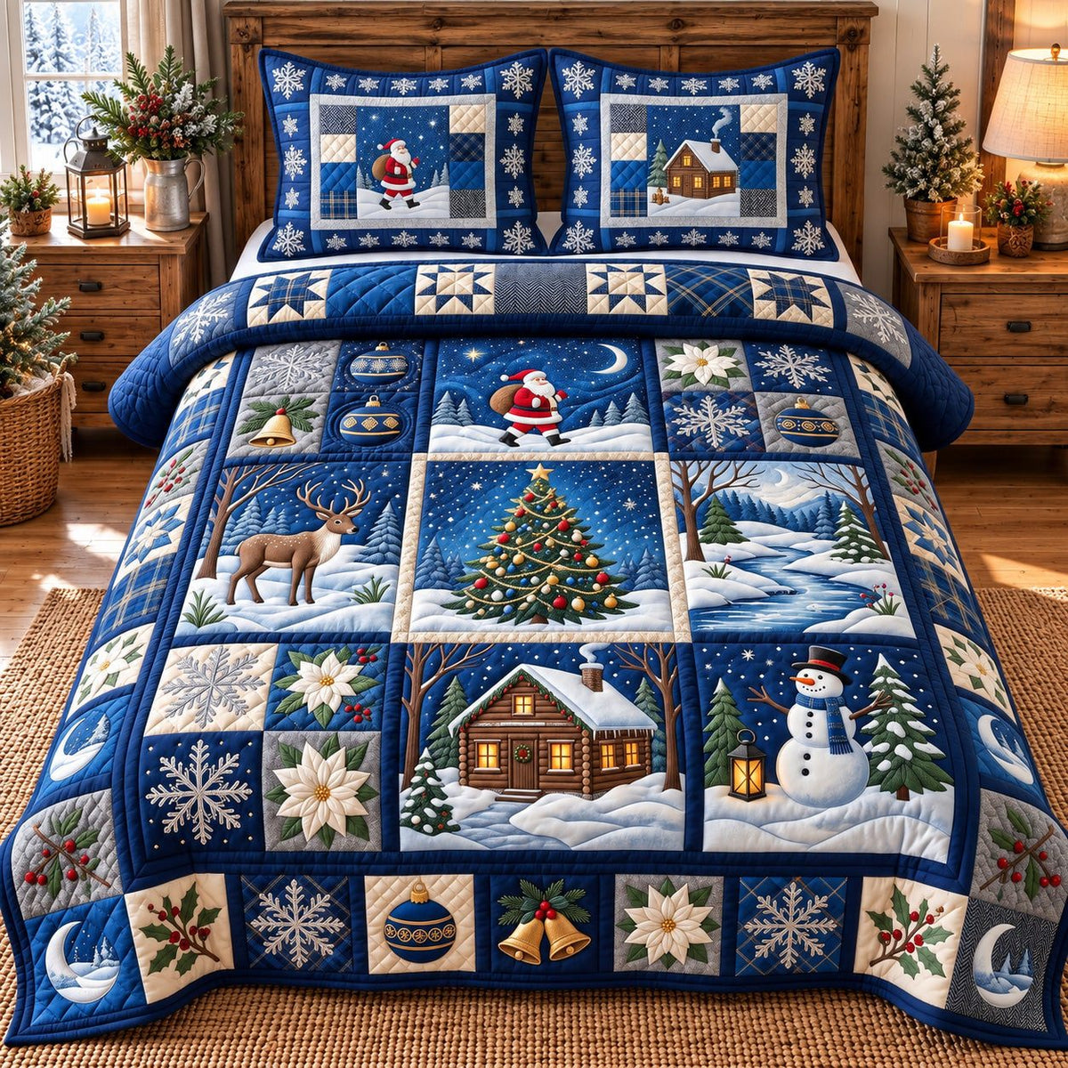 Blue Night Festive Patchwork quilted 3-piece bedding set on a made bed in a winter-styled bedroom