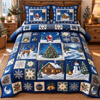 Blue Night Festive Patchwork quilted 3-piece bedding set on a made bed in a winter-styled bedroom
