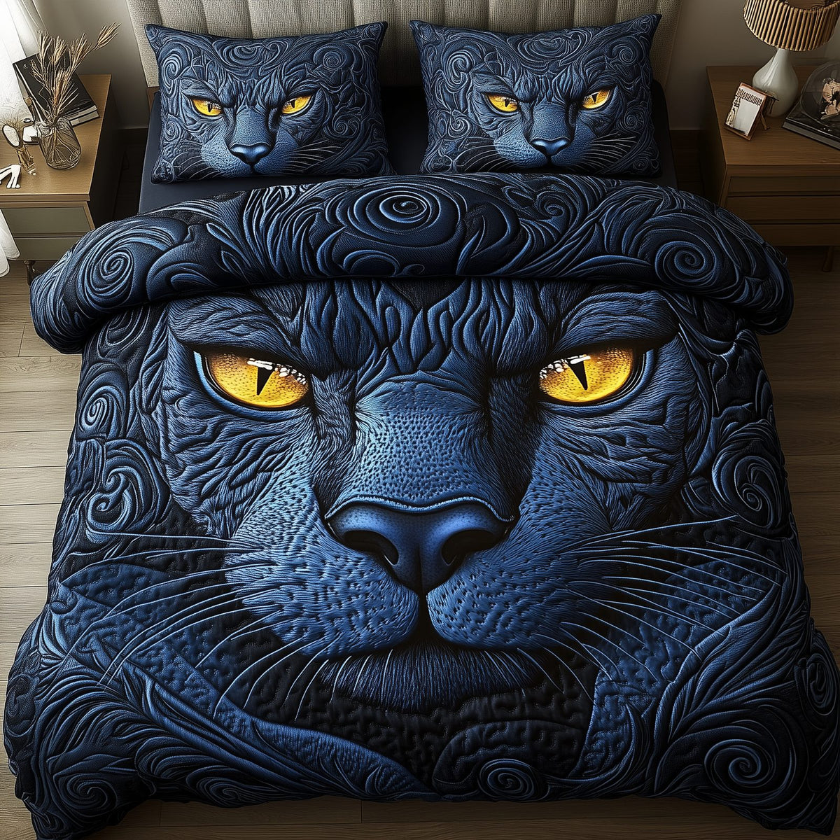 Blue Panther 3-Piece Quilted Bedding Set GFTONL1587 quilted 3-piece bedding set on a made bed with two matching pillow shams