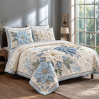 Blue Poinsettia quilted 3-piece bedding set on a made bed in a winter-styled bedroom