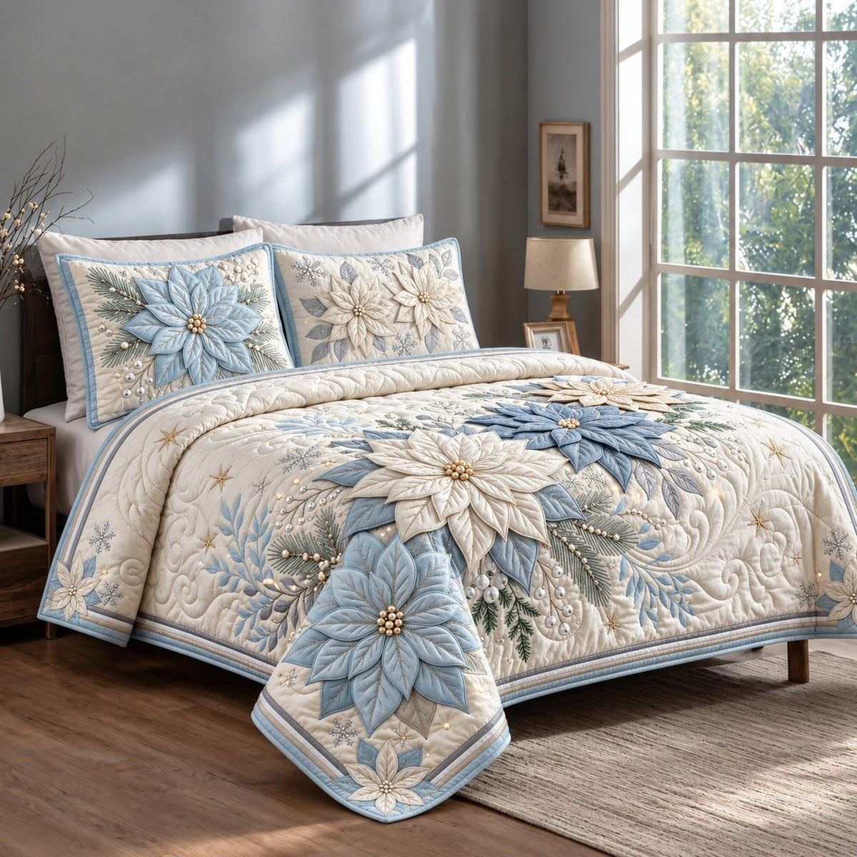 Blue Poinsettia quilted 3-piece bedding set on a made bed in a winter-styled bedroom