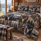 Blue Ridge Stag Cabin quilted 3-piece bedding set on a made bed with two matching pillow shams