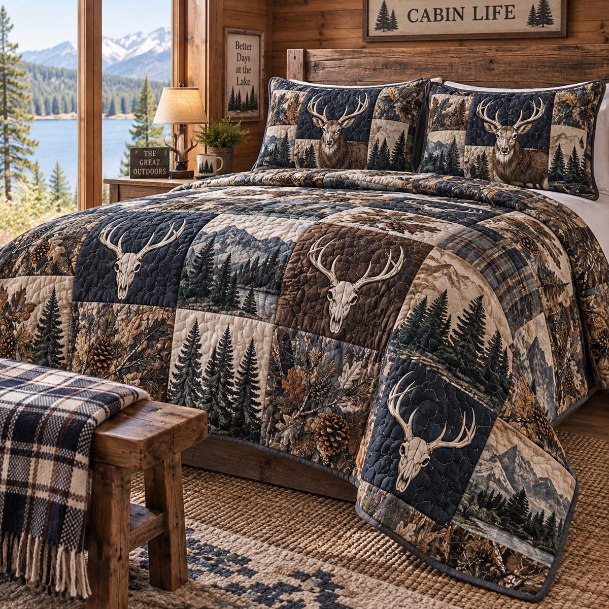 Blue Ridge Stag Cabin quilted 3-piece bedding set on a made bed with two matching pillow shams