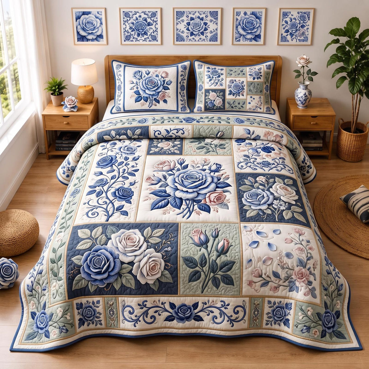 Blue Rose Garden 3-Piece Quilted Bedding Set GFTOMA13372 quilted 3-piece bedding set on a made bed with two matching pillow shams