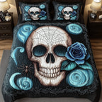 Blue Rose Skull 3-Piece Quilted Bedding Set GFTOTP531 quilted 3-piece bedding set on a made bed against a dark styled interior
