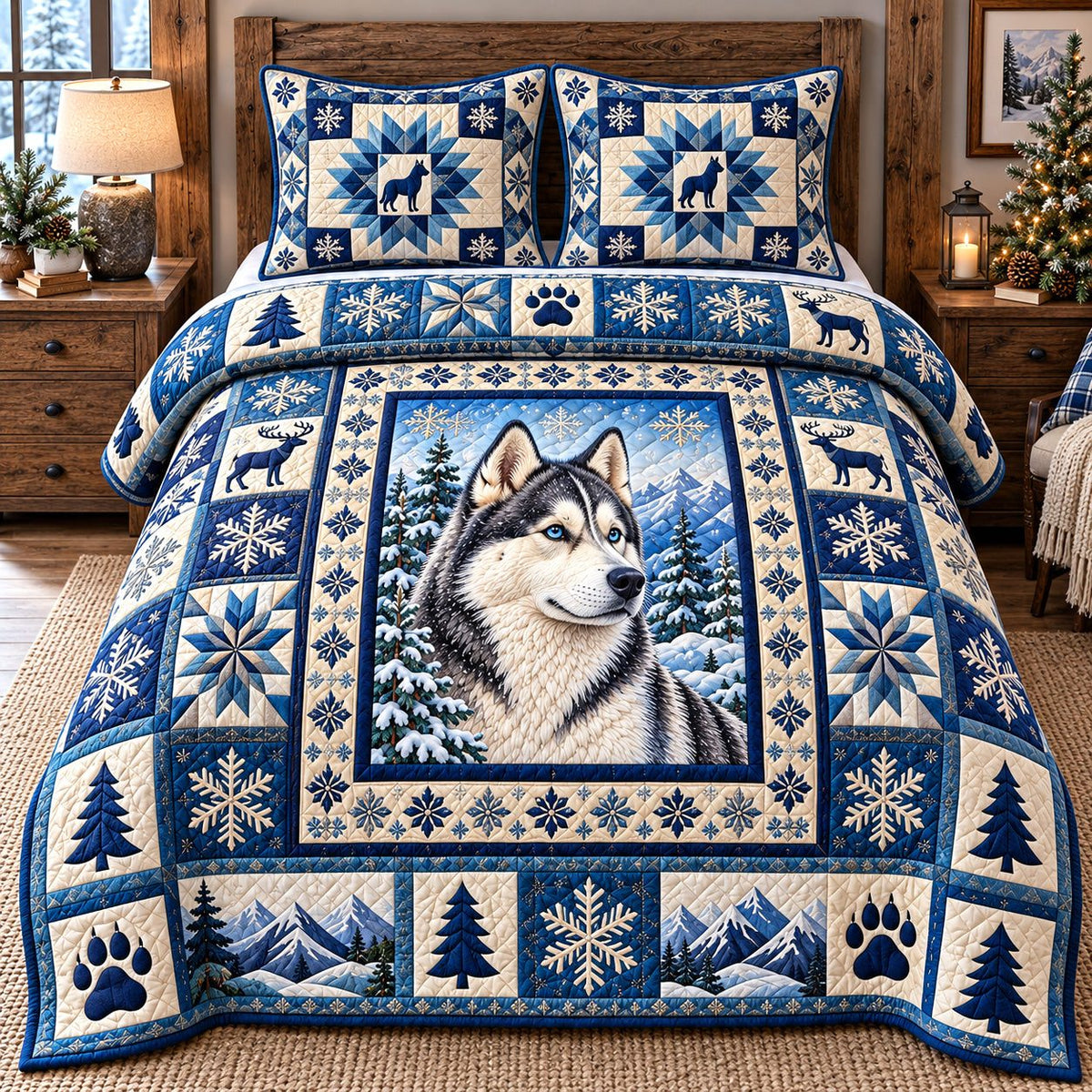 Blue Snowflake Husky quilted 3-piece bedding set on a made bed in a winter-styled bedroom