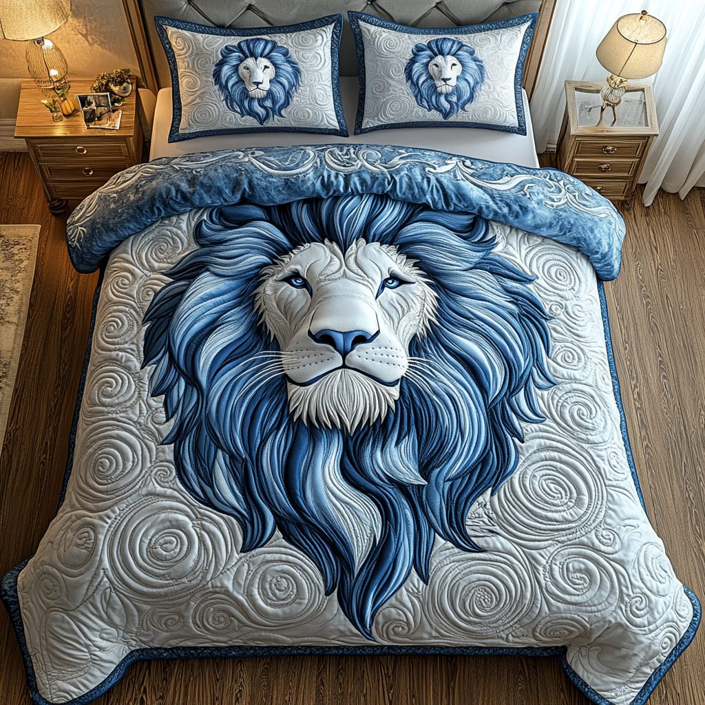 Blue Swirl Majestic Lion 3-Piece Quilted Bedding Set GFTOTP2149 quilted 3-piece bedding set on a made bed with two matching pillow shams