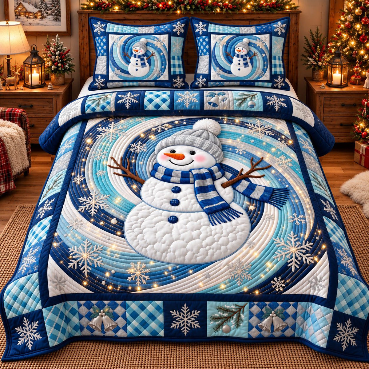 Blue Swirl Snowman quilted 3-piece bedding set on a made bed in a winter-styled bedroom