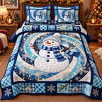 Blue Swirl Snowman quilted 3-piece bedding set on a made bed in a winter-styled bedroom