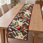 Blue Tit Apple Toy Cuckoo Clock printed Christmas quilted table runner; design mockup showing a flat printed depth effect.