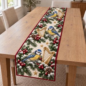 Blue Tit Cranberry Toy Harp Christmas Table Runner