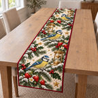 Blue Tit Strawberry Hourglass printed Christmas quilted table runner; design mockup showing a flat printed depth effect.
