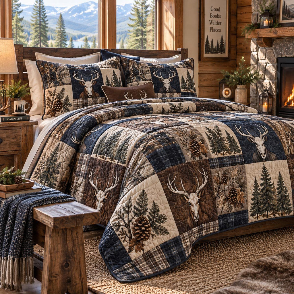 Blue Woodland Stag quilted 3-piece bedding set on a made bed with two matching pillow shams