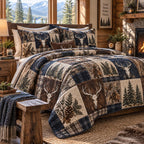 Blue Woodland Stag quilted 3-piece bedding set on a made bed with two matching pillow shams