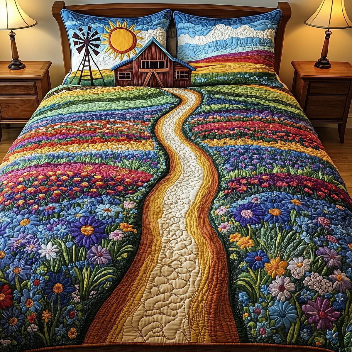 Bluebonnet Barn 3-Piece Quilted Bedding Set GFTOTL3060 quilted 3-piece bedding set on a made bed in a farmhouse bedroom