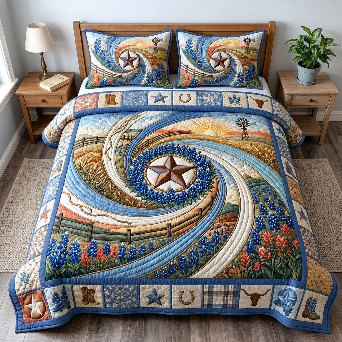 Bluebonnets 3-Piece Quilted Bedding Set GFTOPND855 quilted 3-piece bedding set on a made bed with two matching pillow shams