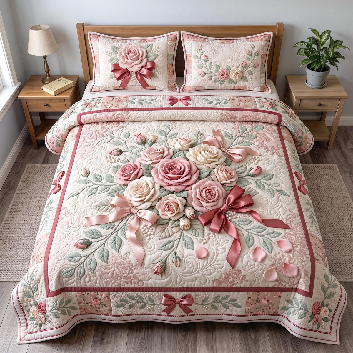 Blush Rose 3-Piece Quilted Bedding Set GFTOMA13374 quilted 3-piece bedding set on a made bed with two matching pillow shams